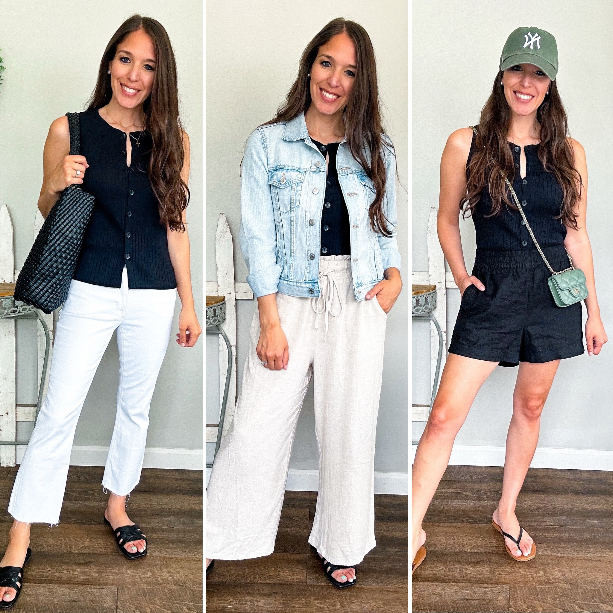 Summer capsule styling! Styling this sweater tank vest from Target! So comfy! I sized up one! But didn’t need to. 
White jeans tts short on sale 
Linen pants Amazon small 
Linen shorts Old Navy size XS 
Denim jacket major sale size XS 

#LTKFindsUnder50 #LTKStyleTip #LTKFindsUnder100