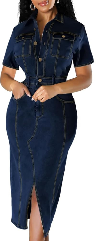 Denim Dress for Women Bodycon Sexy Short Sleeve Jean Split Workwear Dresses with Zipper Club Part... | Amazon (US)