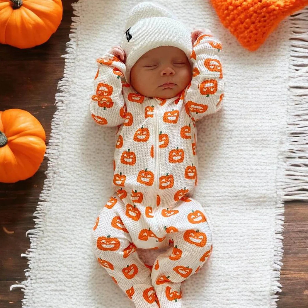 Organic Waffle Basic Zip Footie, Jack-O-Lantern | SpearmintLOVE