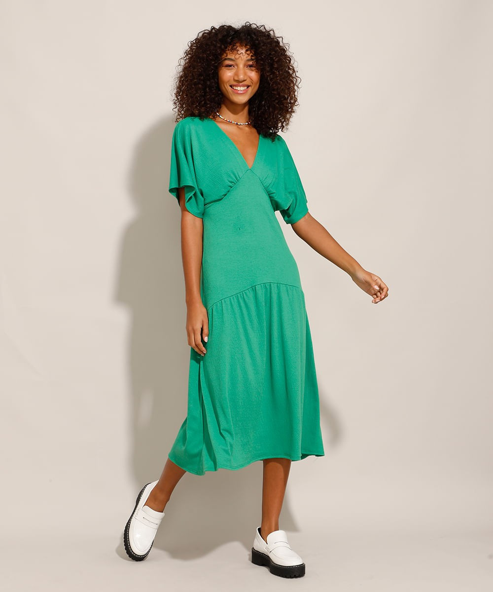 Vestido Midi Texturizado Manga Curta Decote V Verde | C&A (BR)