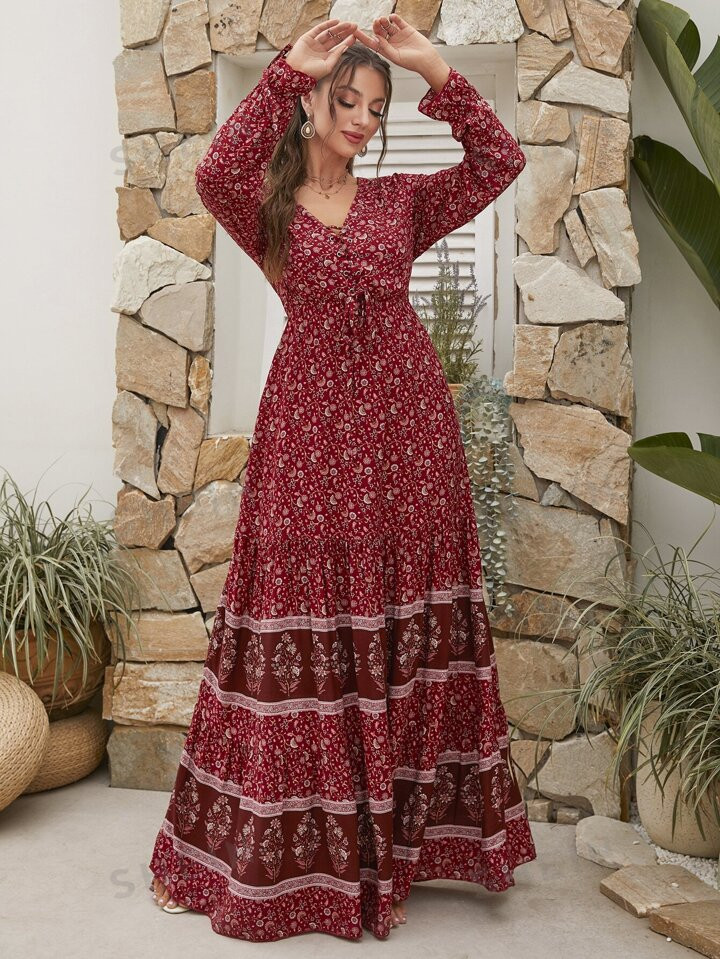 SHEIN Mulvari Floral Print Knot Front Flounce Sleeve Ruffle Hem Maxi Dress | SHEIN