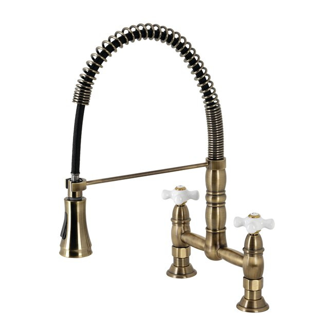 Kingston Brass Heritage Antique Brass Double Handle Bridge Kitchen Faucet | Lowe's