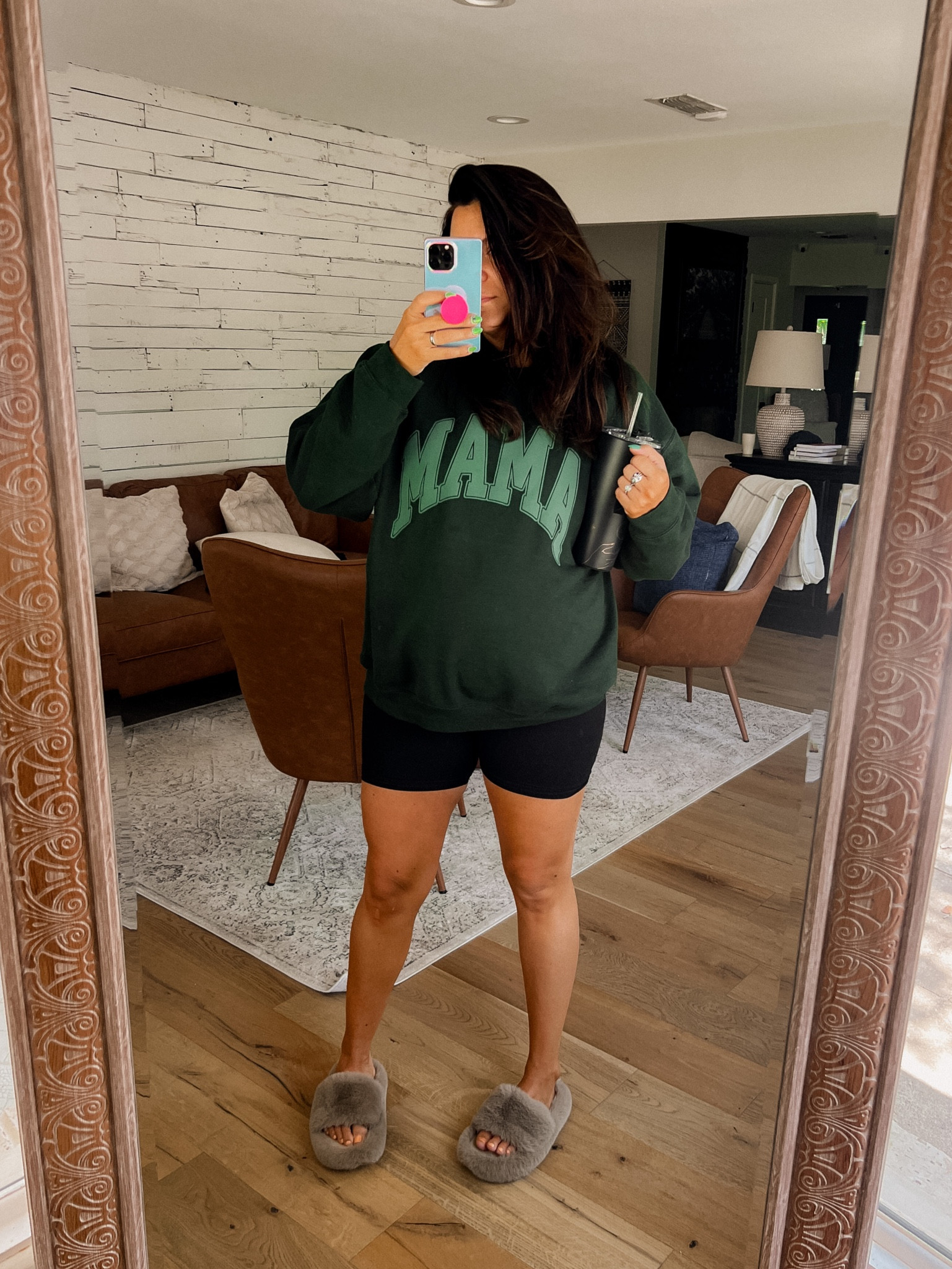 Cozy lazy day outfit. 
Sweatshirt: XXL
Forest green with Green writing. 
Maternity Bike shorts: XL
SLIPPERS: Size down 

#LTKshoecrush #LTKsalealert #LTKSeasonal