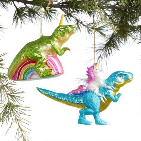 Glass Dinosaur Unicorn Ornaments Set Of 2 | World Market
