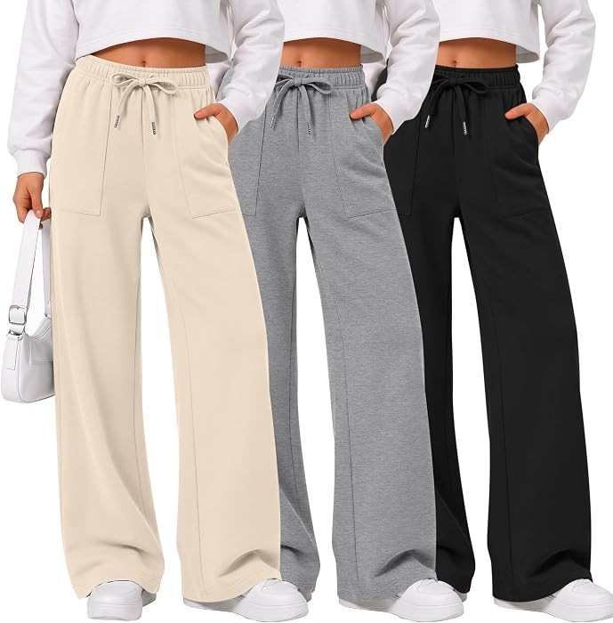 3 Pack Girls Wide Leg Sweatpants Baggy Drawstring 3Color M | Amazon (US)