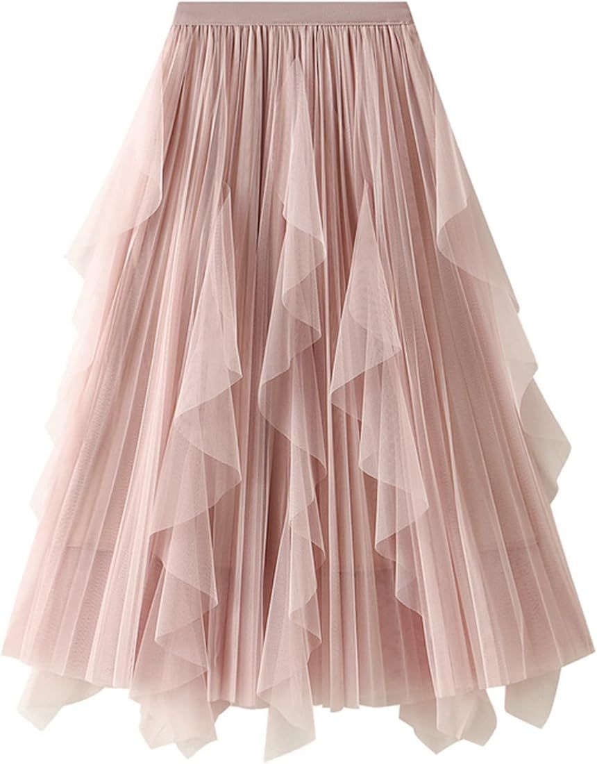 Dirholl Women's A-Line Fairy Elastic Waist Tulle Midi Skirt | Amazon (US)