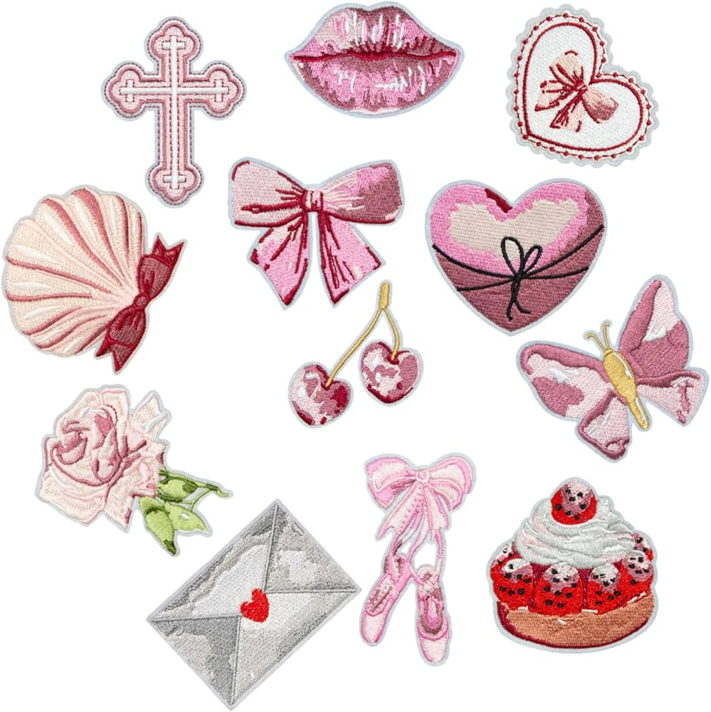 12PCS Pink Girl Iron on Patches, Cute Heart Cake Kiss Embroidered Patches for Clothes, Coquette C... | Amazon (US)