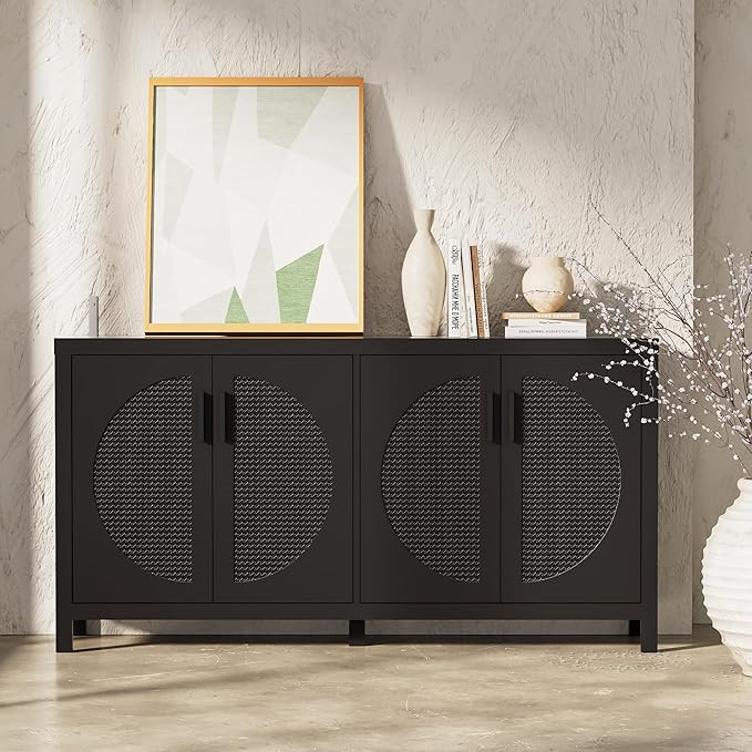 Buffet Sideboard Cabinets with Storage, Mid-Century Accent Storage Cabinet with Rattan Door, Meta... | Amazon (US)