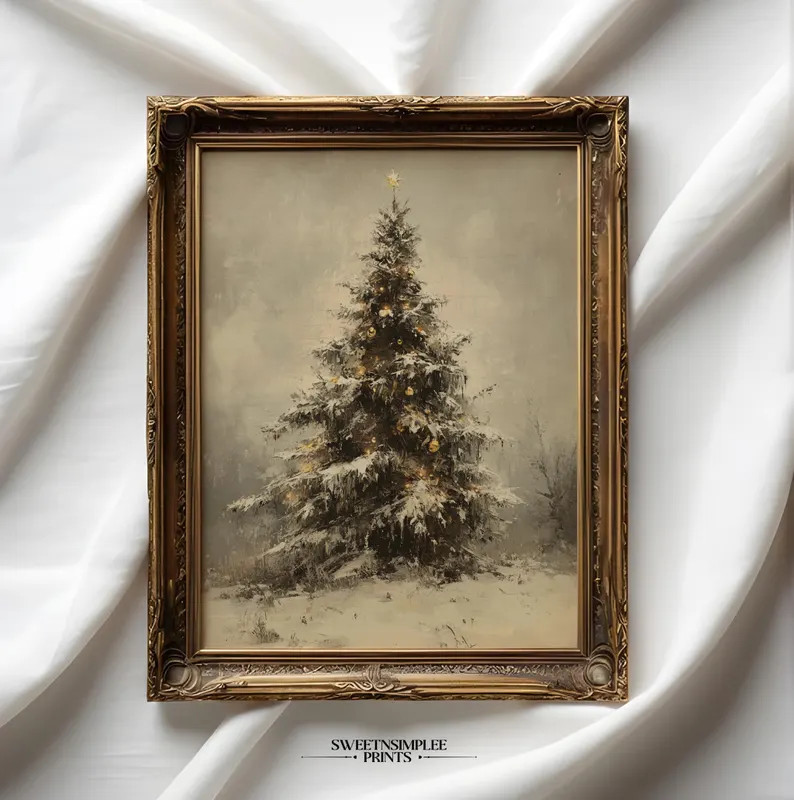 Vintage Christmas Tree Print Moody Antique Holiday Decor Winter Evergreen Tree Painting Printable... | Etsy (US)
