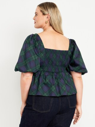 Puff-Sleeve Plaid Poplin Peplum Top | Old Navy (US)
