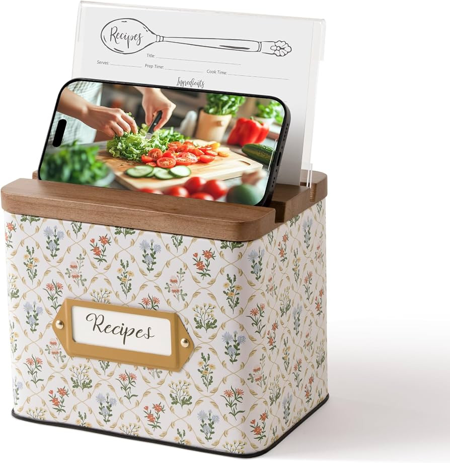 Cabbrix Recipe Box with 50 Cards and 24 Dividers, 4x6 Recipe Card Box Set, Wooden Lid with Phone ... | Amazon (US)