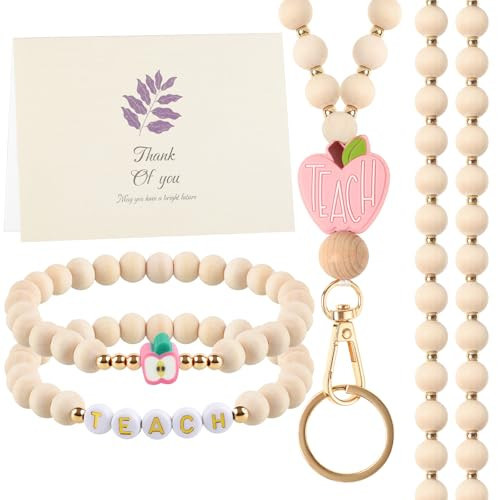 BESARME Teacher Appreciation Gifts, Teacher Gifts Teachers Bracelet with Wooden Beaded Teacher Lanyard Thank You Cards for Women | Amazon (US)