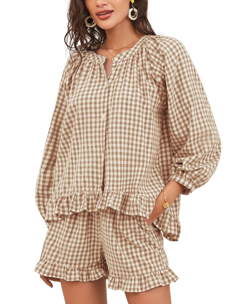 Flygo Women Gingham 2 Piece Pajama Sets Y2K Plaid Ruffle Short Sets Raglan Sleeve Shirt Lounge Sh... | Amazon (US)