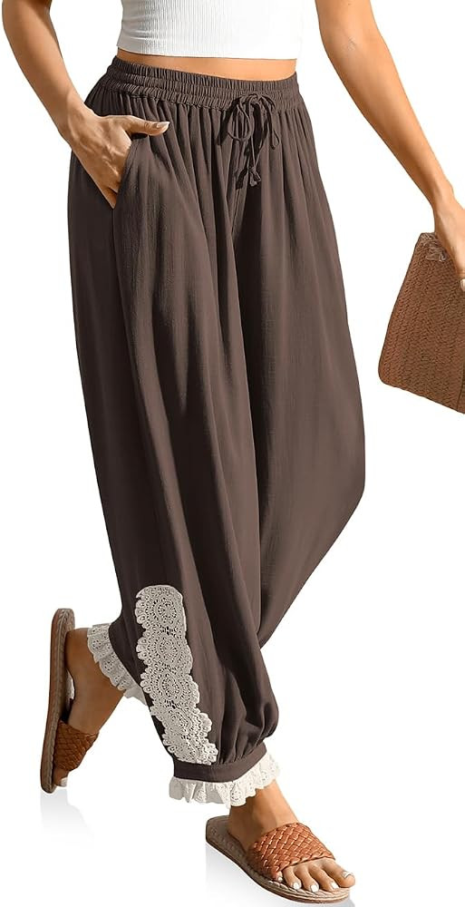 TARSE Women’s Linen Harem Pants Boho Loose with Lace Trim Casual Vintage Lantern Summer Travel Cropped Pants | Amazon (US)