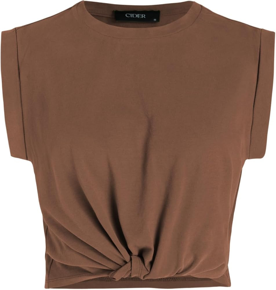 CIDER Solid Round Neckline Twist Short Sleeve Crop Top | Amazon (US)