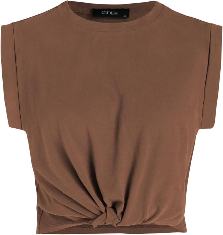 CIDER Solid Round Neckline Twist Short Sleeve Crop Top | Amazon (US)