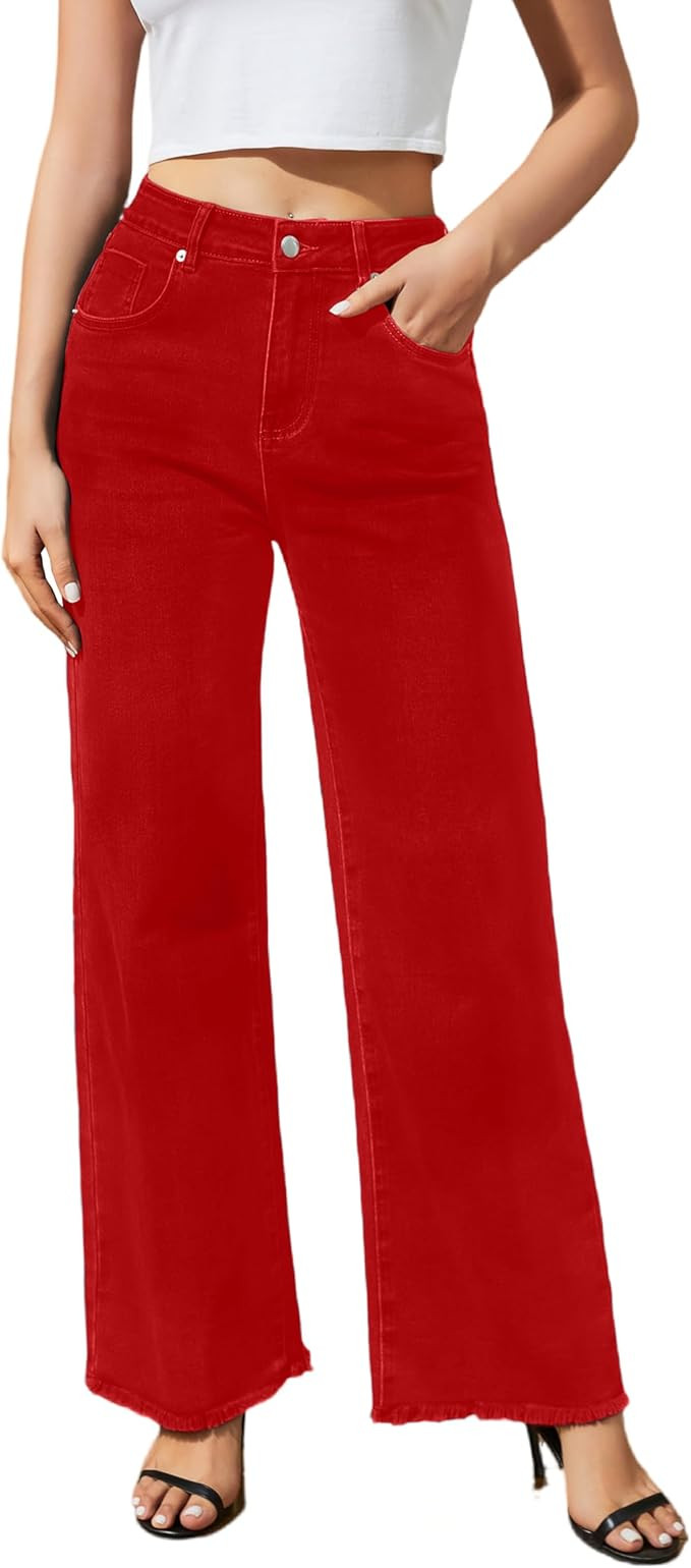 Women's Wide Leg Jeans High Waisted Strechy Jeans for Women Straight Raw Hem Loose Casual Denim | Amazon (US)