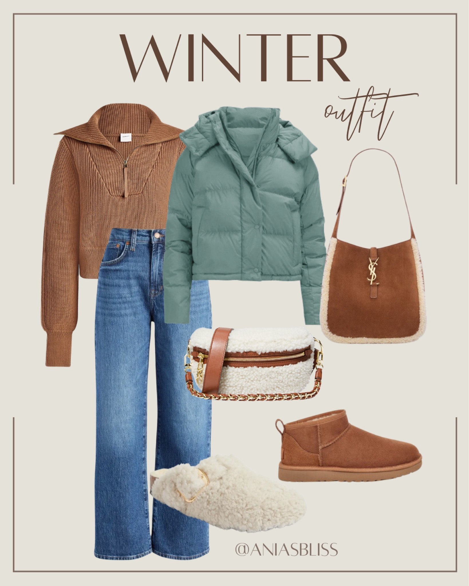 Winter casual outfit, cropped puffer jacket, Sherpa bag, Sherpa clogs, half zip sweater, wide leg jeans 

#LTKSeasonal #LTKshoecrush #LTKitbag
