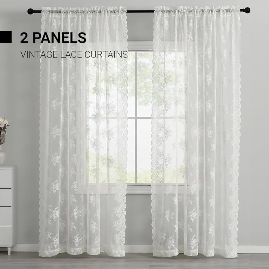 Kotile Ivory Lace Curtains 84 Inches Long - Vintage Embroidered Floral Sheer Lace Curtains for Li... | Amazon (US)