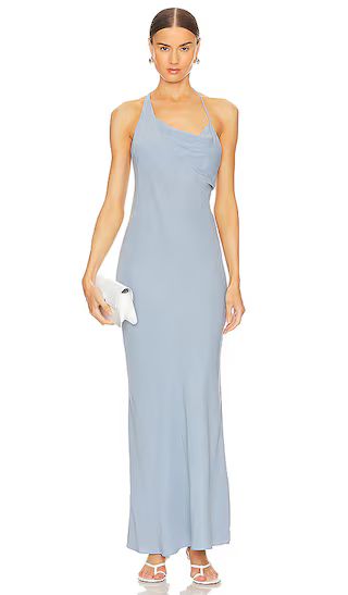 Asymmetrical Drape Maxi Dress in Stone Blue | Dusty Blue Dress For Wedding Guest Outfit Ideas | Revolve Clothing (Global)