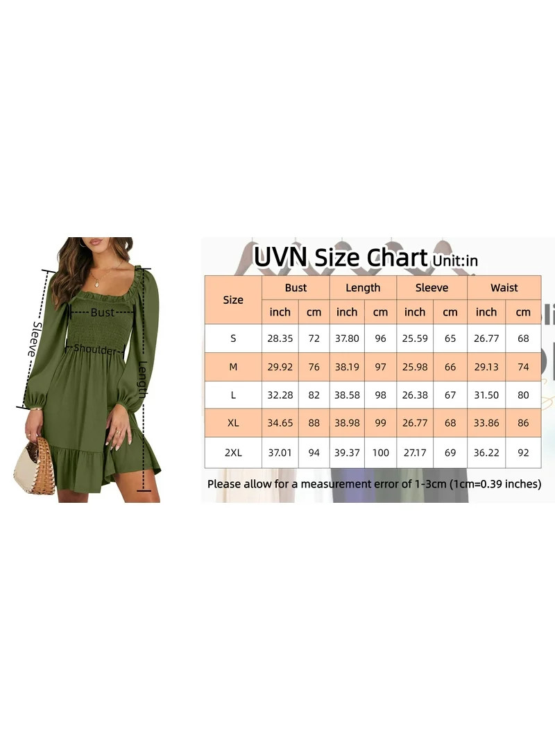 UVN Dresses for Women Casual Long Sleeve Square Neck Dress Ruffle Pleated Flowy Midi Dress | Walmart (US)