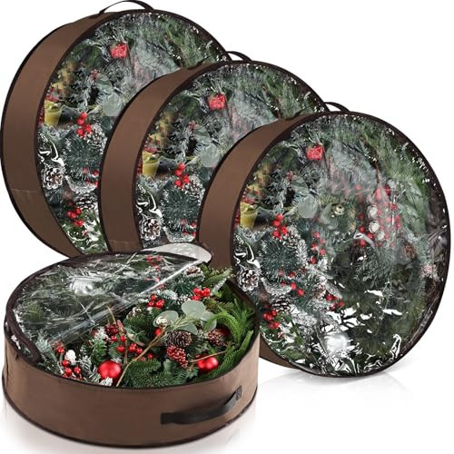 Vincreem 4 Pack Christmas Wreath Storage Container Wreath Storage Box with Clear Window and Handles Upgrade Oxford Cloth Garland Storage Bags with Dual Zipper for Xmas Wreath wrapping(Brown,30 Inch) | Amazon (US)