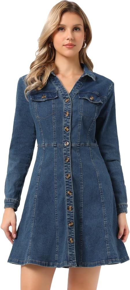 Allegra K Womens Denim Dresses Collar V Neck Long Sleeve Jean Dress | Amazon (US)