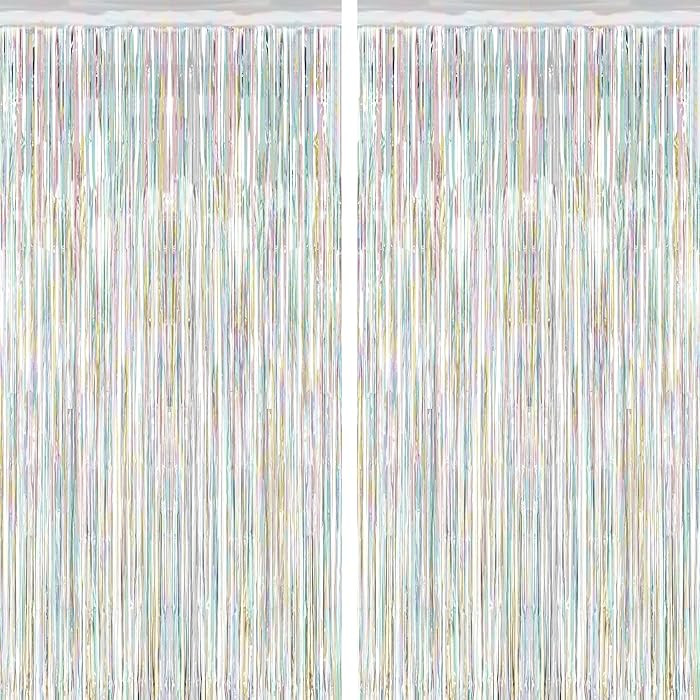 2 Pack Backdrop Curtains, 3.28 FT x 7.05 FT Laser Silver Fringe Curtains, Metallic Tinsel Foil Cu... | Amazon (US)