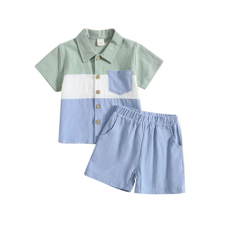 Baby Boy Linen Summer Color Block Clothes Set Button-up Short Sleeve T-Shirts  Shorts 2PC Toddler... | Walmart (US)