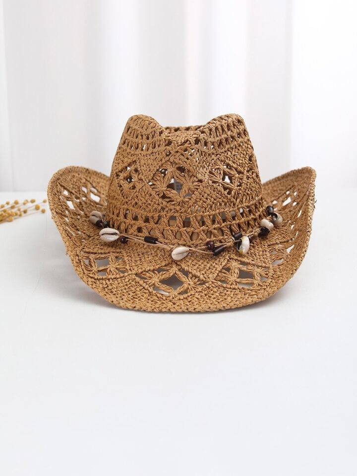 1pc women Shell Decor Hollow Out Straw Hat Sun Hat For Women | SHEIN