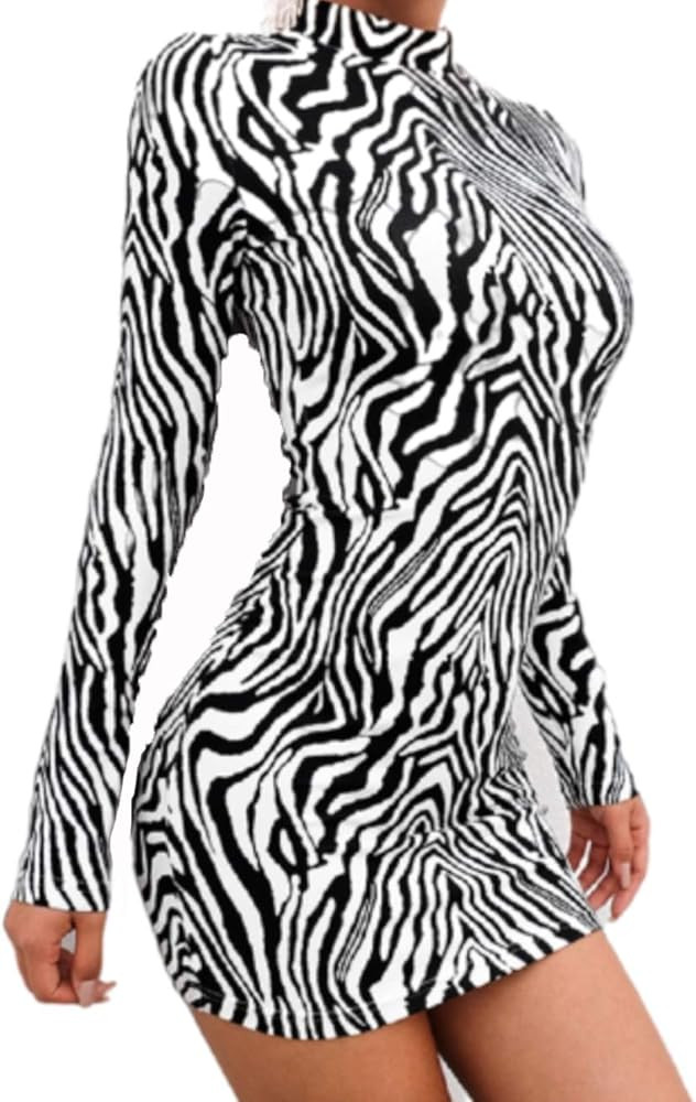 N / D Women Elegant Long Sleeve Zebra Print Mock Neck Slim Fit Party Bodycon Mini Dress | Amazon (US)