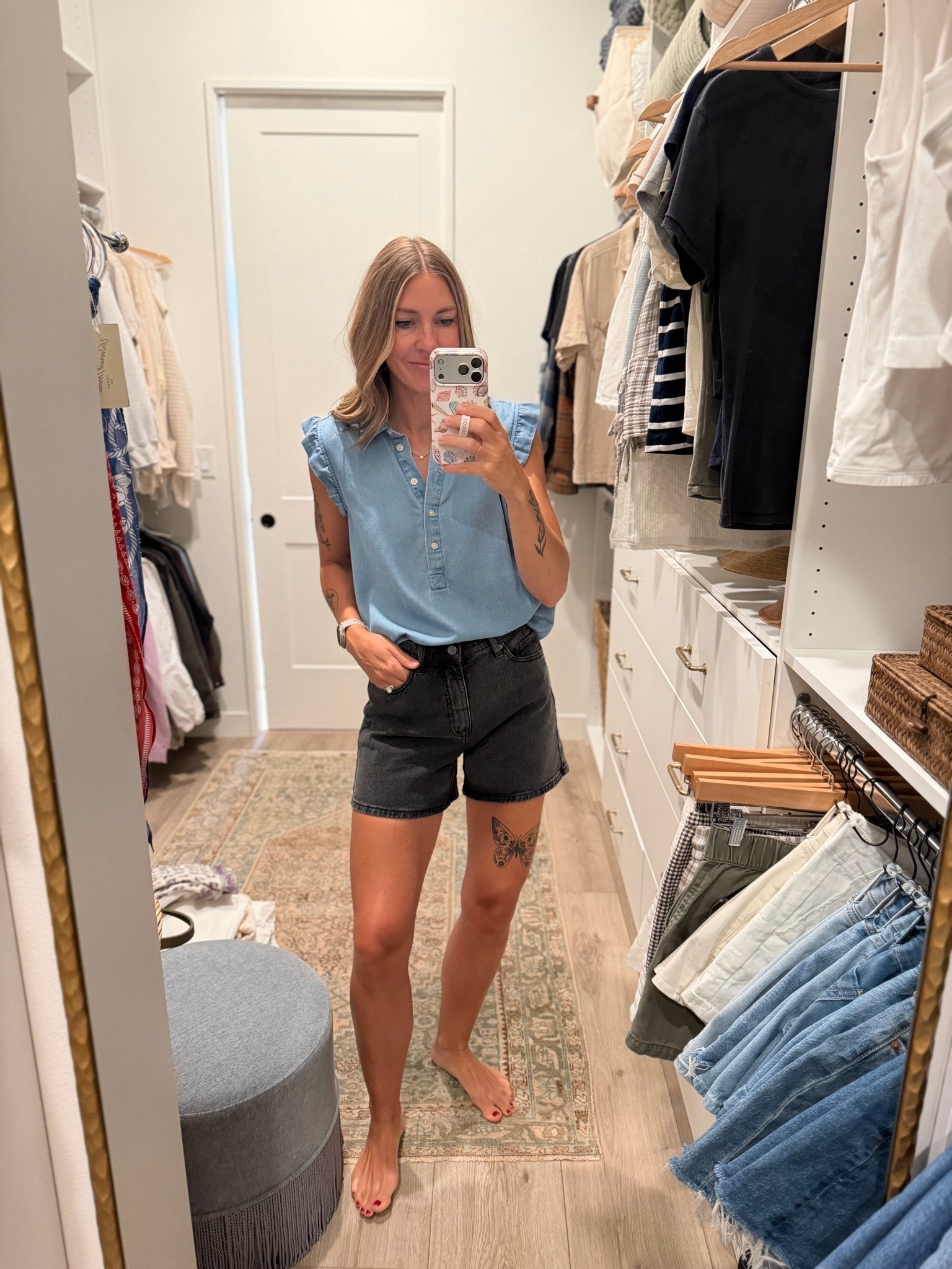 My favorite Walmart shorts have finally restocked! Under $20 and they look and feel like Abercrombie. So comfortable and I love the longer length. I also have these in the darker jean wash. I sized up to a 6 for a looser fit, I do feel like they run a little small. Tank is old but I linked a few similar. ￼

#LTKootd #LTKmomlife #LTKTall