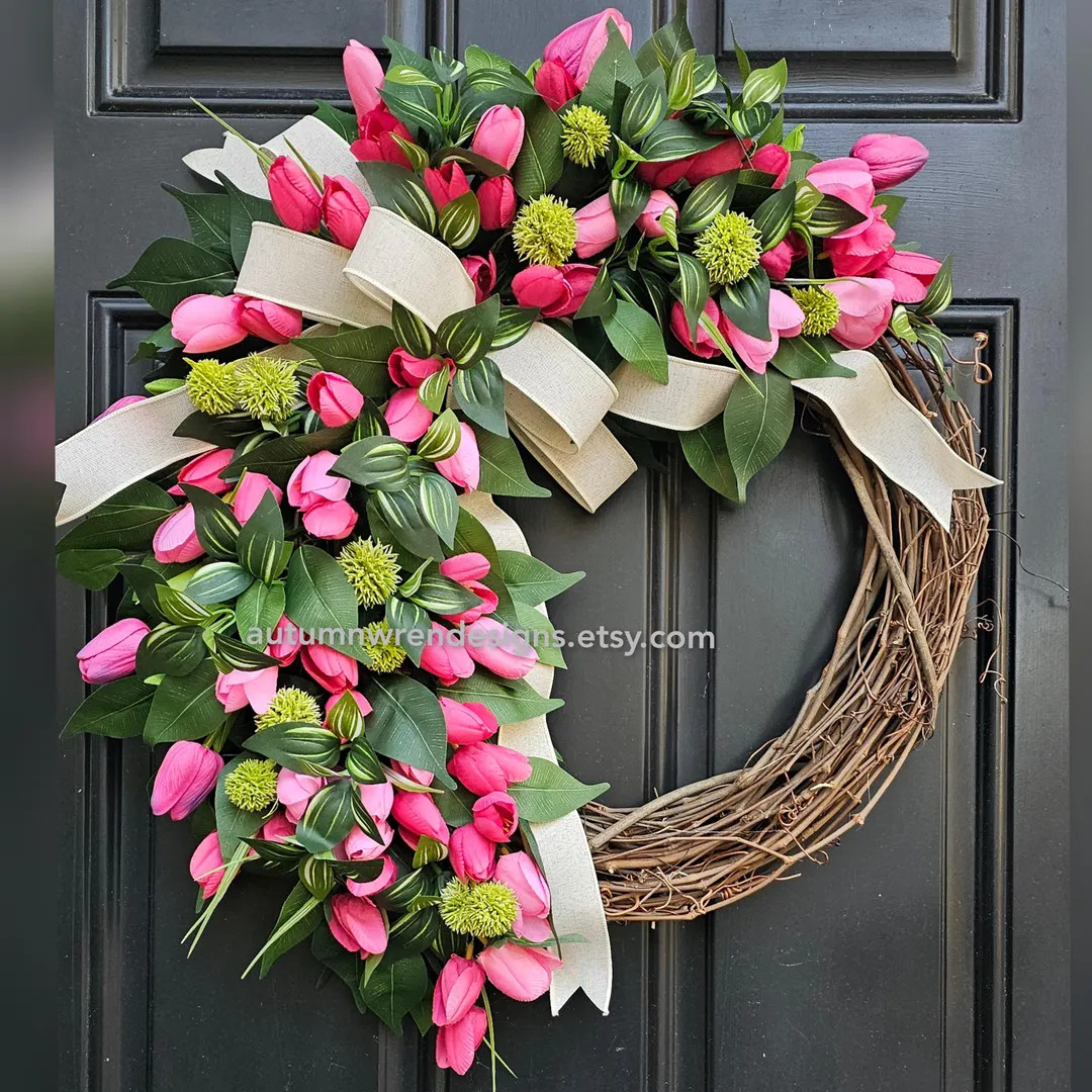 Spring Pink Tulip Wreath, Pink wreath, Pink and Green wreath, Tulip wreath with cream bow, spring... | Etsy (US)