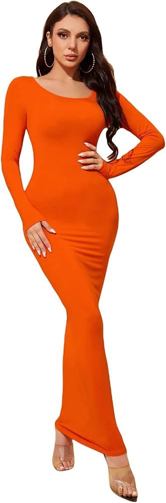 Floerns Women's Solid Long Sleeve Scoop Neck Bodycon Pencil Maxi Dress | Amazon (US)