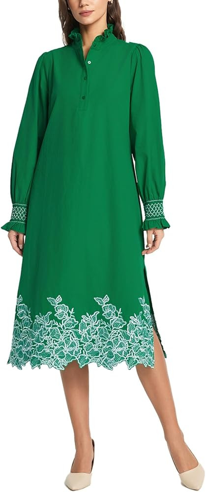 Womens Button Down Shirt Dress Long Sleeve Casual Flower Embroidery Slit Midi Dresses | Amazon (US)
