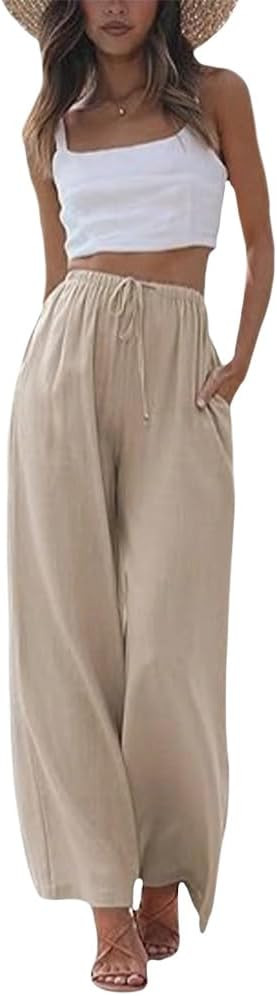 Women's Wide Leg Cotton Linen Pants High Waisted Drawstring Straight Leg Casual Lounge Pants with... | Amazon (US)
