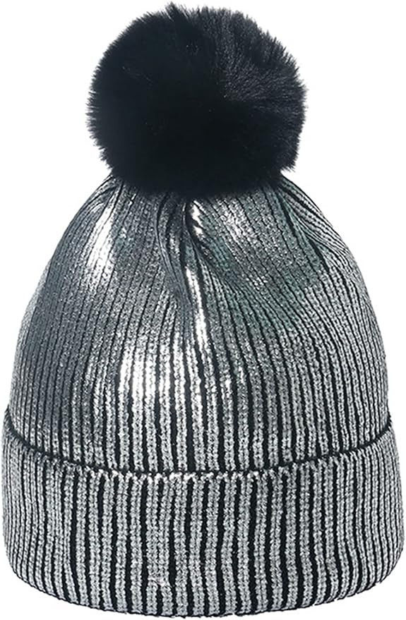 IHAUIUE Metallic Beanie Hat Fashion Solid Color Skull Cap Knit Cuffed Watch Hats with Removable F... | Amazon (US)
