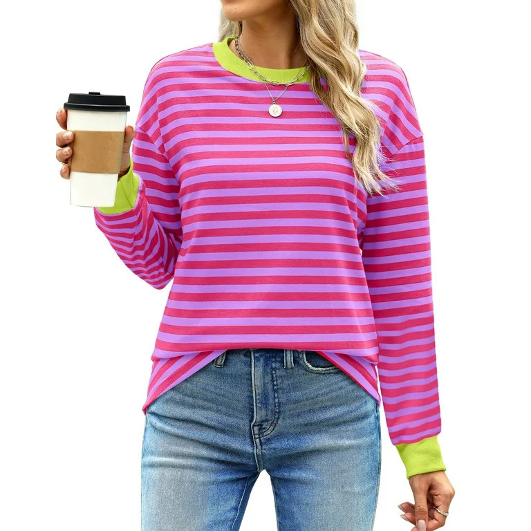 Fantaslook Striped Long Sleeve Shirts for Women Crewneck Tunic Tops Color Block Blouses Fall Pull... | Walmart (US)