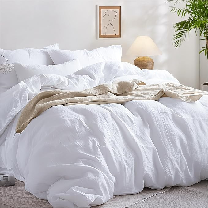 Bedsure 100% Washed Cotton Duvet Cover King - Bright White Minimalist Duvet Cover Linen Like - 3 ... | Amazon (US)
