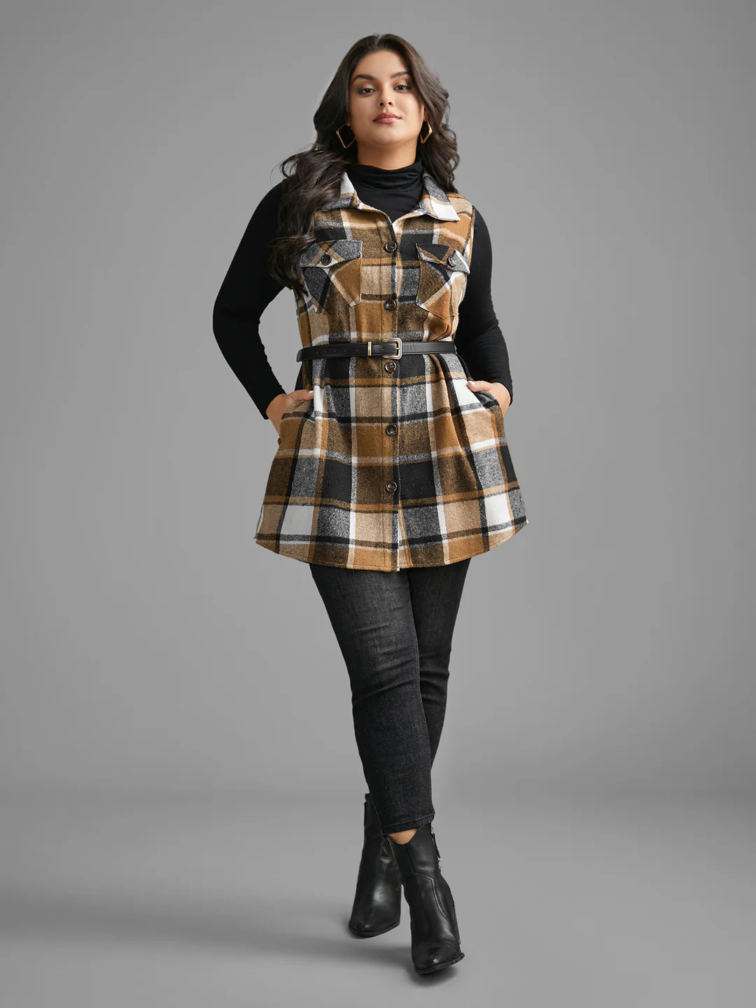 Plaid Flap Detail Sleeveless Jacket | Bloomchic