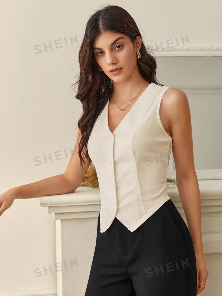 SHEIN Tall Women's V-Neck Single Button Sleeveless Blazer Jacket | SHEIN