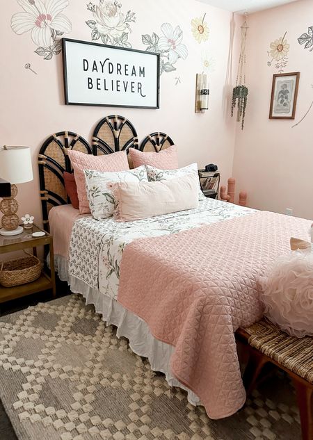 Bohemian flower child bedroom, pink and floral design with textured rug #bohoroom #bohemiandecor #bedroom #gypsy #boho #cozy #bedroom #bedding #rug #texture #flower #pillows 

#LTKSeasonal #LTKHome #LTKStyleTip