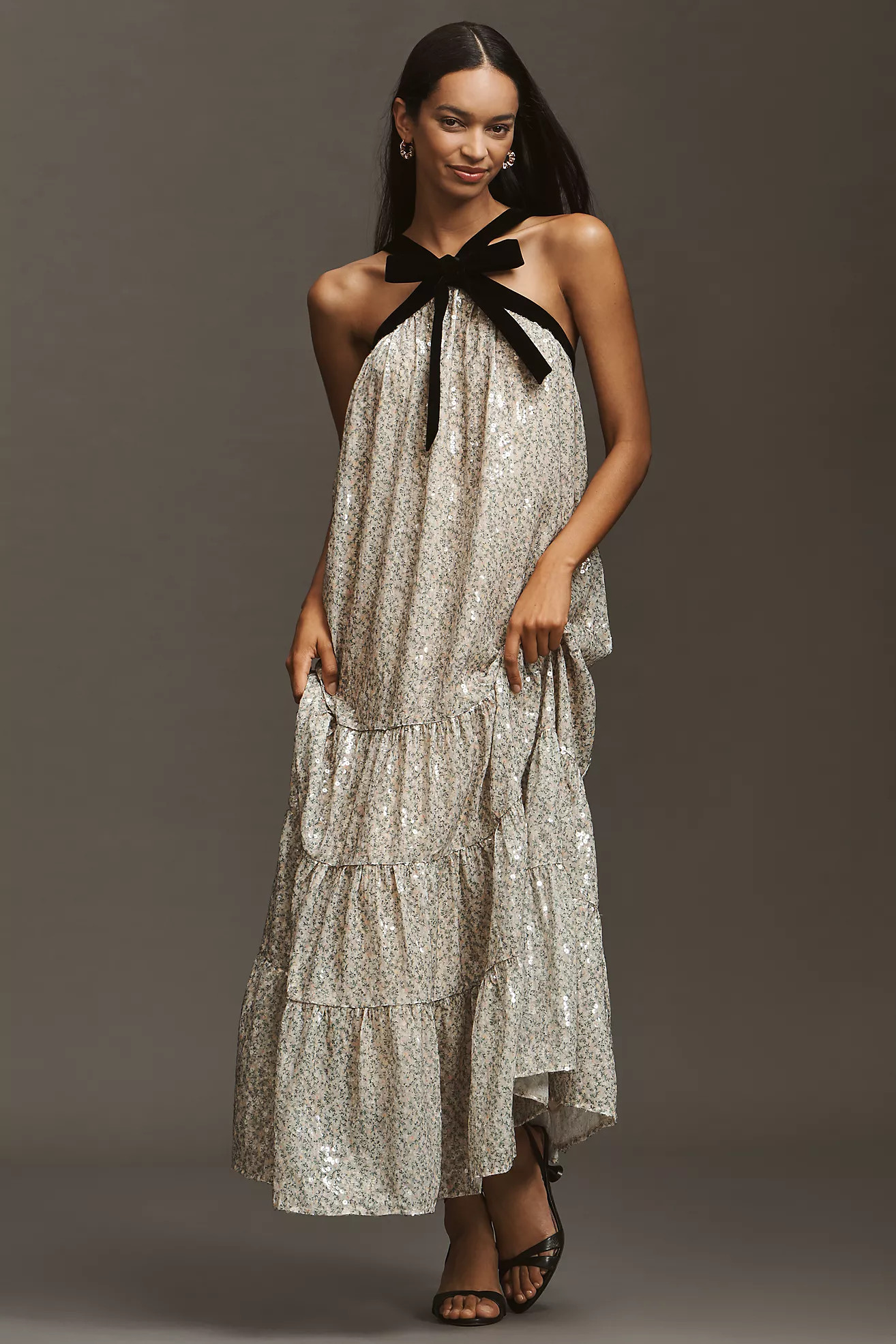 Maude Bobbie Halter Metallic Tiered Maxi Dress | Anthropologie (US)