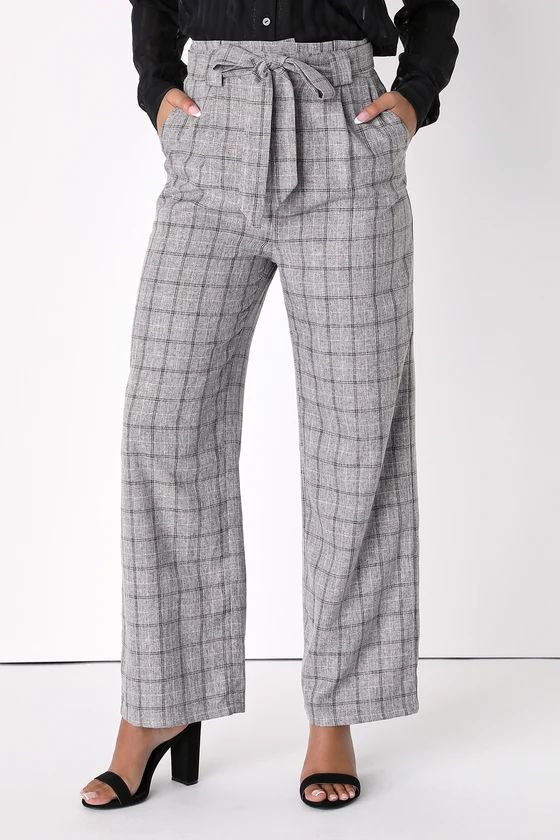 Plaid Dash Grey and Black Plaid Paperbag High Waisted Pants | Lulus (US)