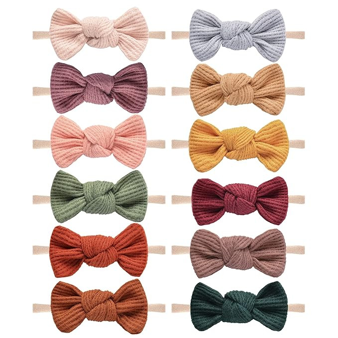 Pack of 12, Baby Girls Headbands Hair Bows Stretchy Nylon Hairbands for Newborn Infant Toddler Ha... | Amazon (US)