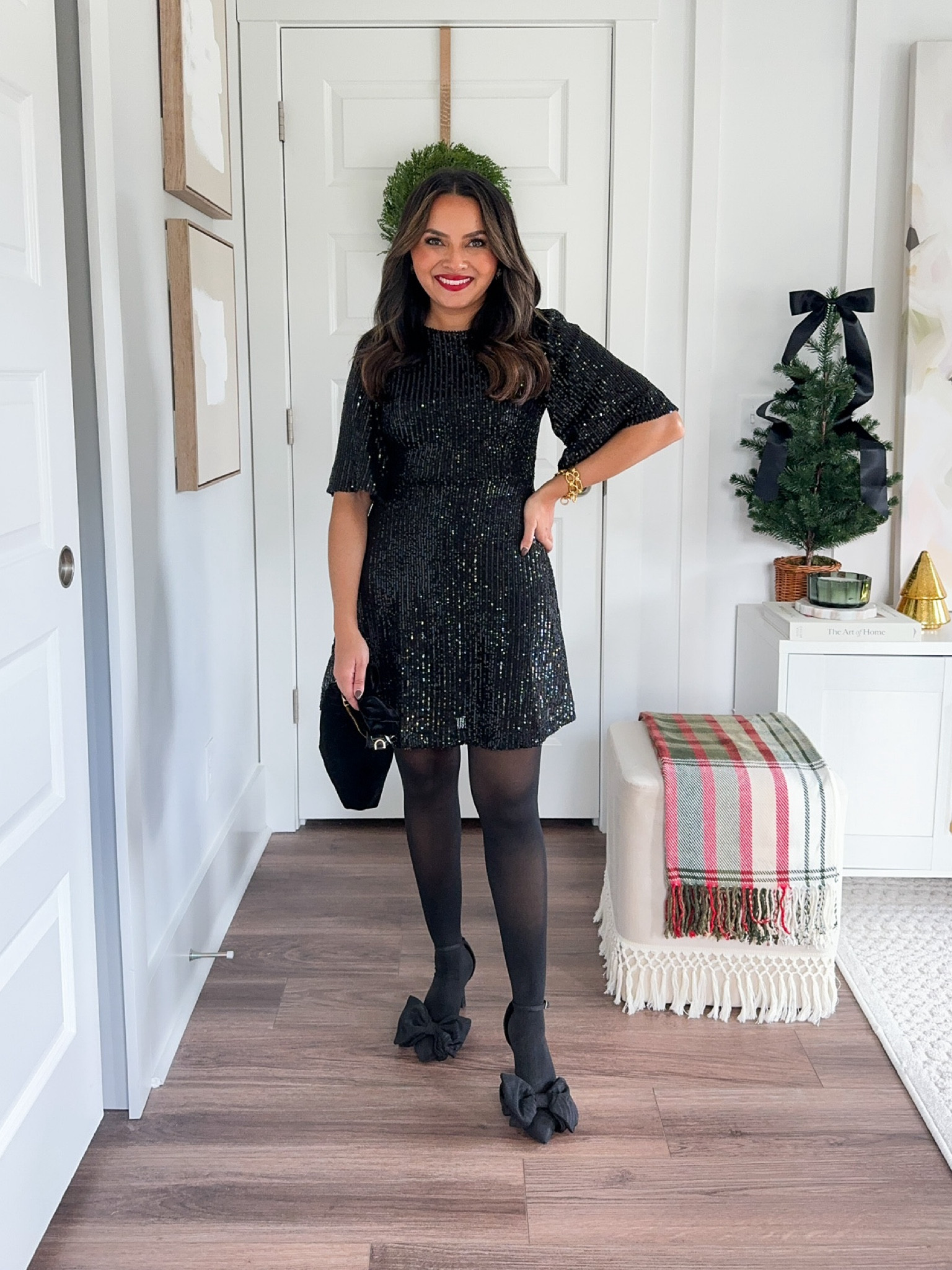 Black sequin mini dress size XS petite TTS 
Tights size small TTS 
Black bow heels size 5 TTS

Red lipstick shade 21 Rouge Paradox

Holiday Outfits 
Holiday style 
Christmas outfit 
Holiday party
Christmas style 
Christmas party 

Honey Sweet Petite 
Honey sweet petite 

#LTKStyleTip #LTKParties #LTKHoliday