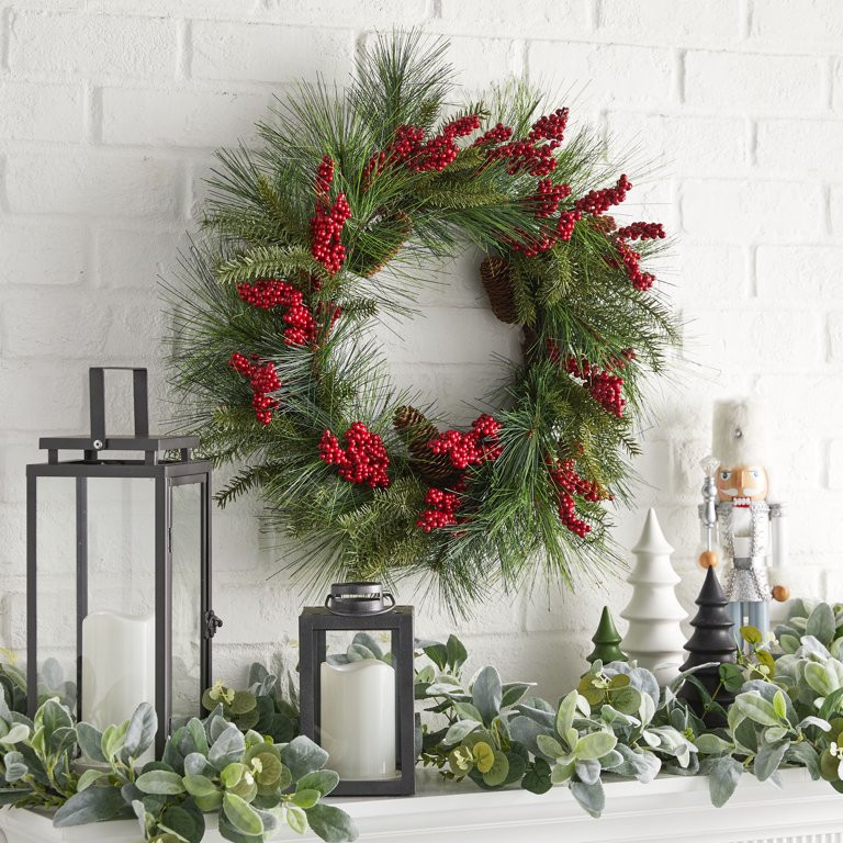Holiday Time Red Berry Evergreen Christmas Wreath, 22 Inch - Walmart.com | Walmart (US)