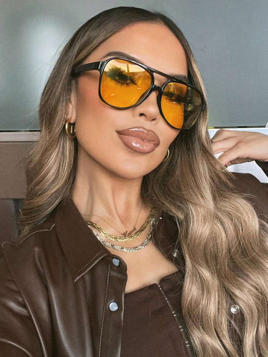 1pc Vintage Double Bridge Aviator Fashion Glasses, Personality Big Frame Same Style Retro Unisex ... | SHEIN