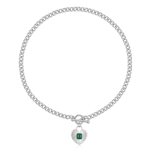 NUZON Chunky Sunburst Heart Pendant Necklace with Green Agate Solitaire Stainless Steel Silver Curb Cuban Thick Chain Toggle Bar Clasp Statement Jewelry for Women 18’’ | Amazon (US)