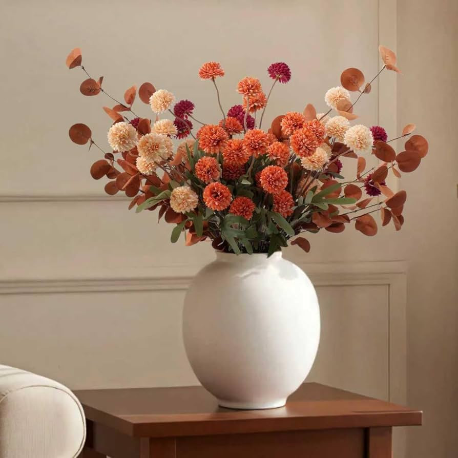Real-Touch Faux Silk Mums Bouquet, 12 Pcs with 2 Eucalyptus Stems, Bendable Long Stems, Full & Re... | Amazon (US)